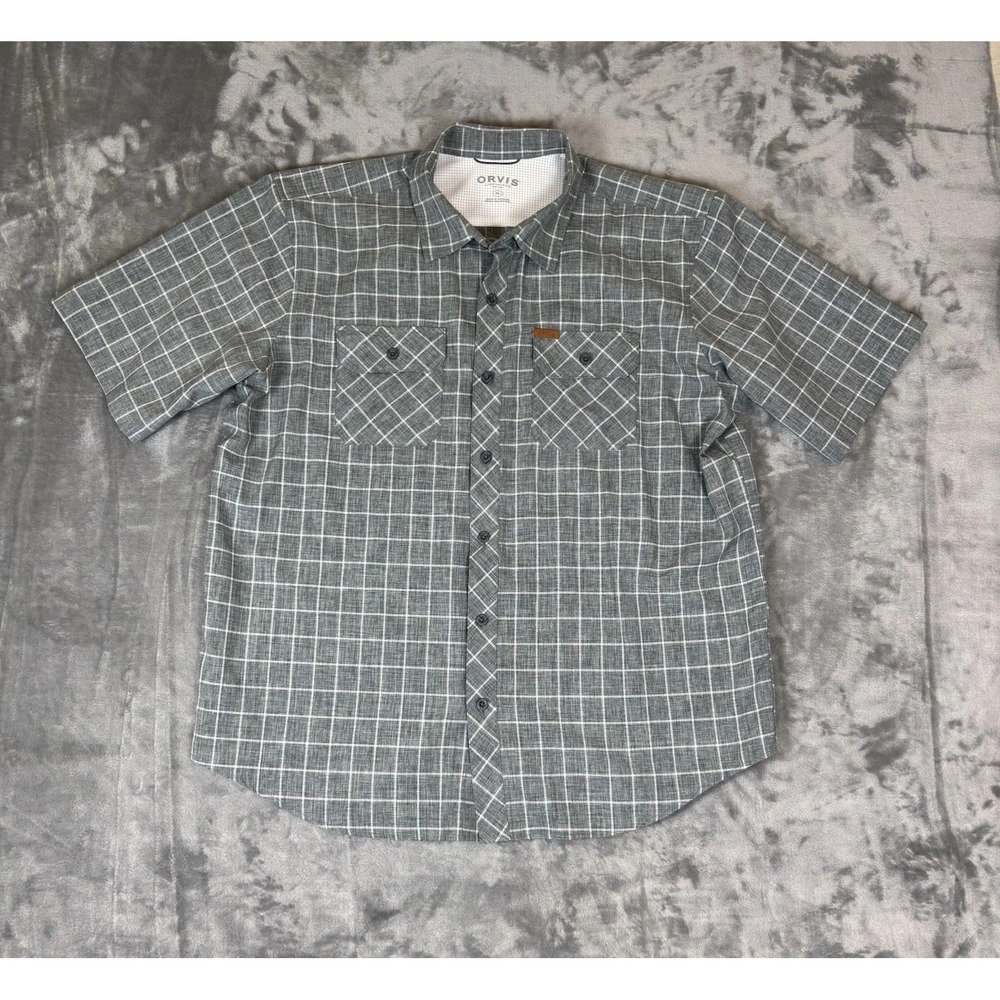 Orvis Classic Collection Button Down Mens XL Gray Short Sleeve Shirt Fish Woven